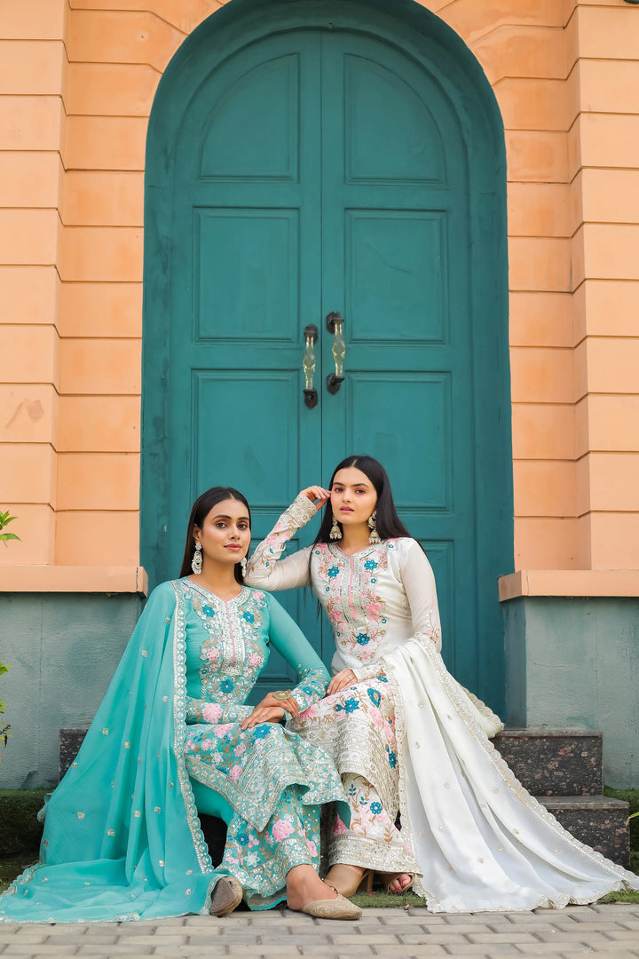 Ivory Floral Embroidered Luxury Pakistani Suit Set with Dupatta