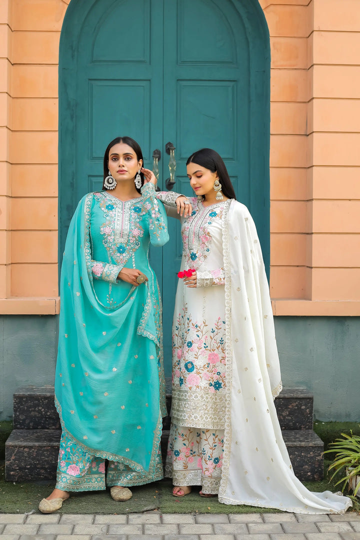 Ivory Floral Embroidered Luxury Pakistani Suit Set with Dupatta