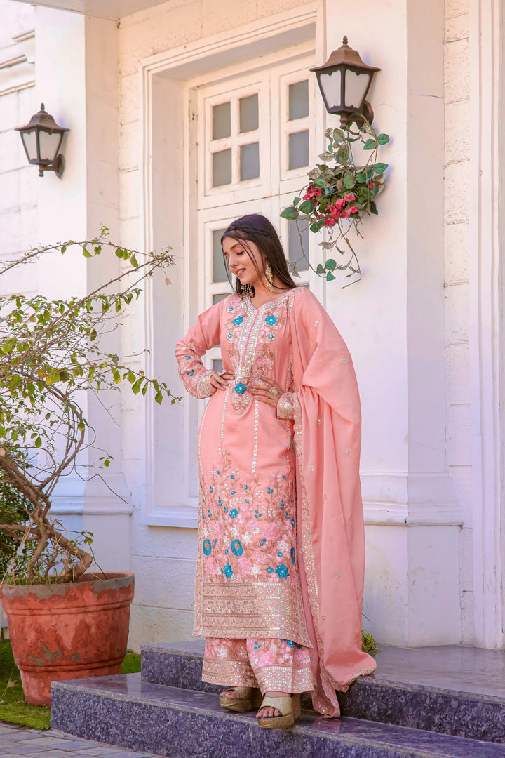 Women's Blush Pink Floral Embroidered Salwar Suit with Dupatta