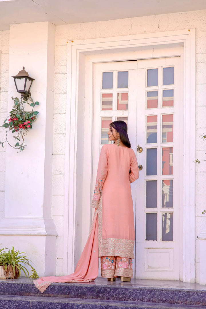 Women's Blush Pink Floral Embroidered Salwar Suit with Dupatta