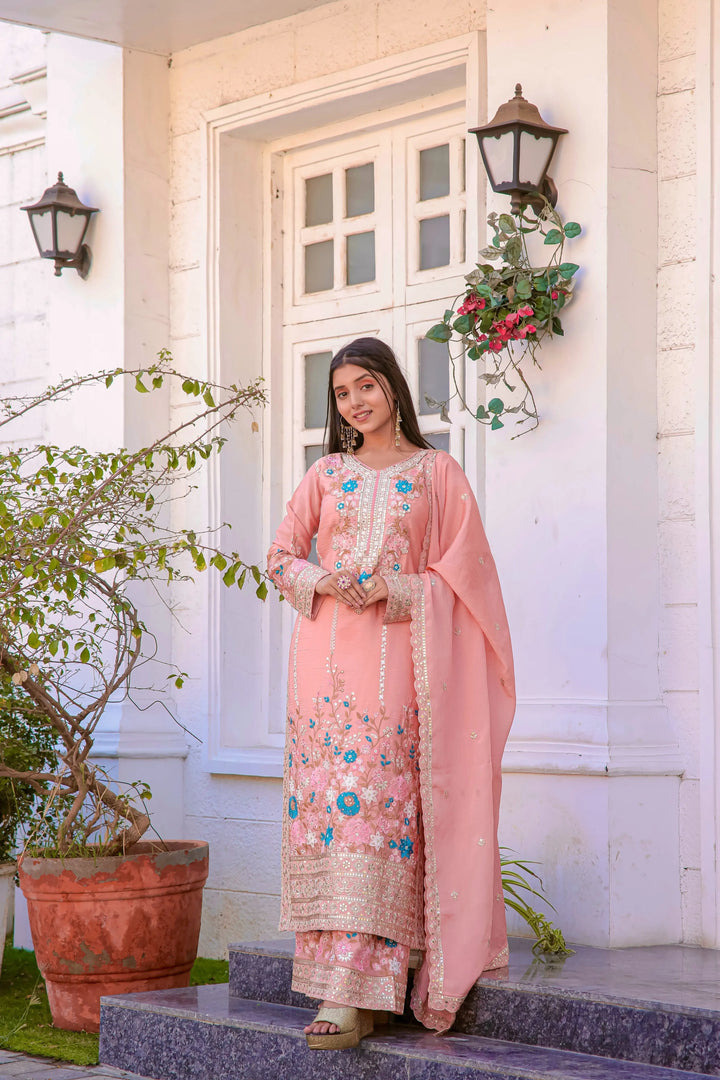 Women's Blush Pink Floral Embroidered Salwar Suit with Dupatta