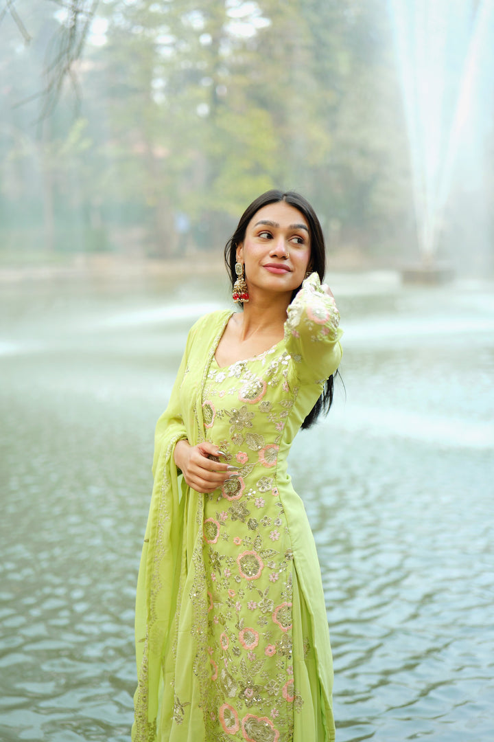 Lime Green Embroidered Luxury Pakistani Suit Set with Dupatta