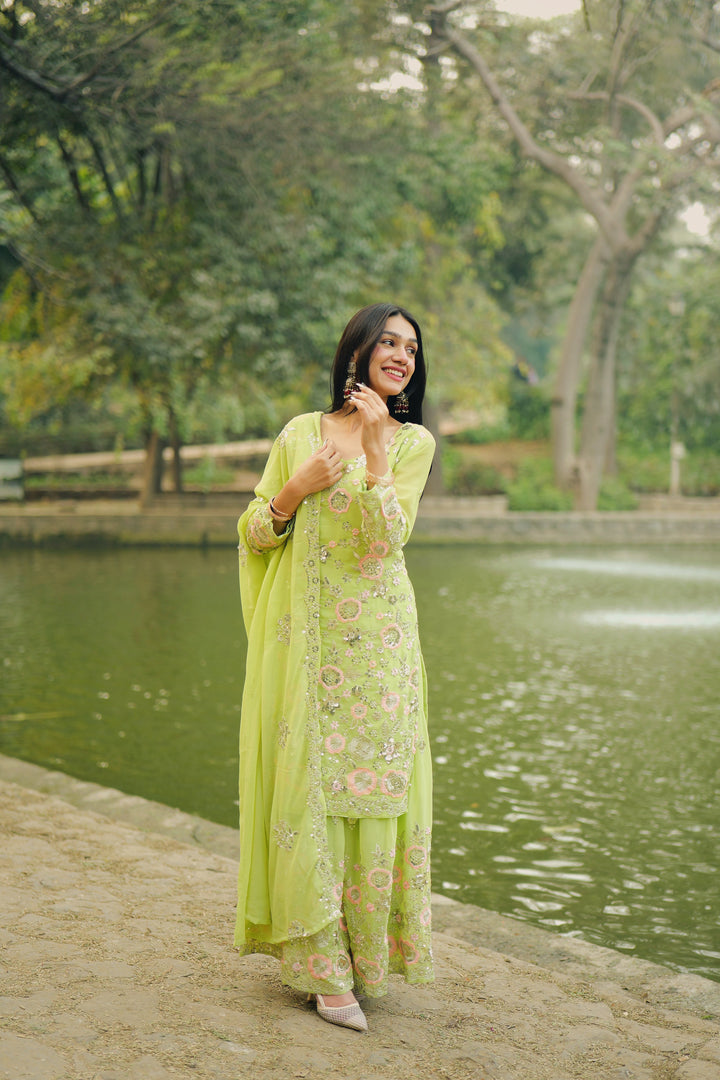Lime Green Embroidered Luxury Pakistani Suit Set with Dupatta