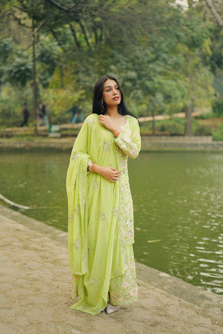 Lime Green Embroidered Luxury Pakistani Suit Set with Dupatta