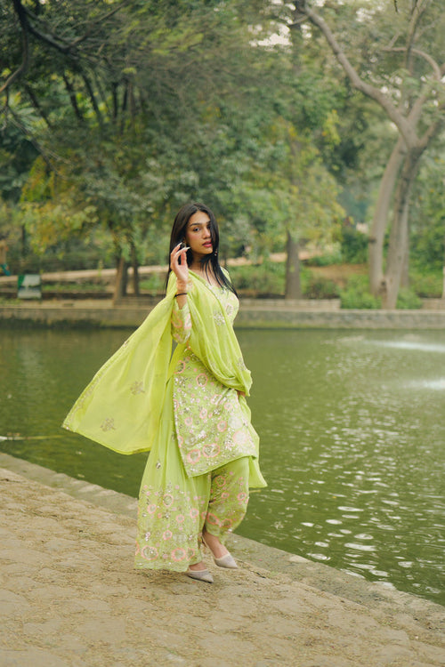 Lime Green Embroidered Luxury Pakistani Suit Set with Dupatta