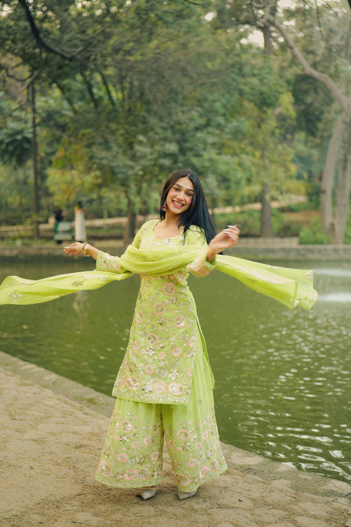Lime Green Embroidered Luxury Pakistani Suit Set with Dupatta