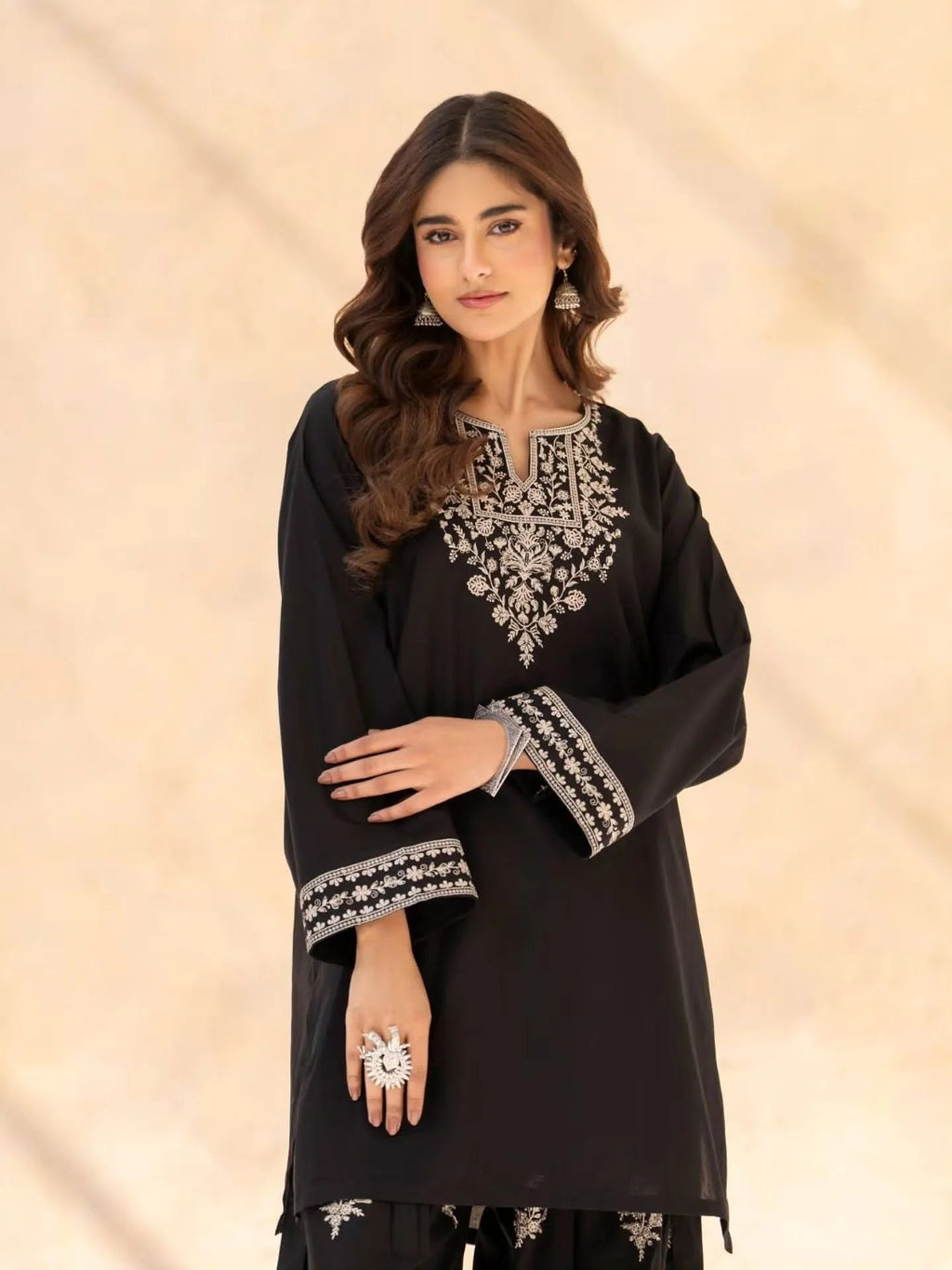 Women's Midnight Black Embroidered Kurta Palazzo Set