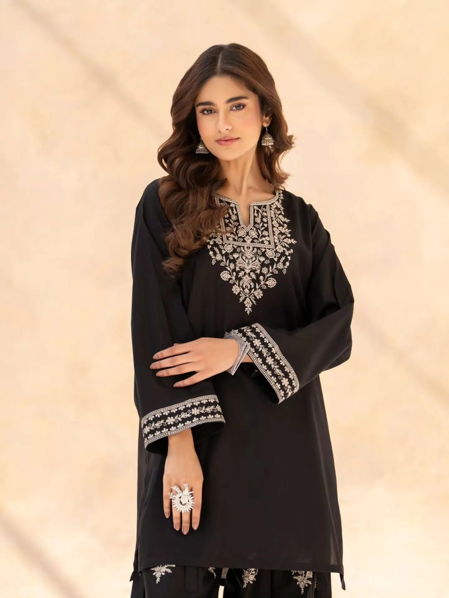 Women's Midnight Black Embroidered Kurta Palazzo Set