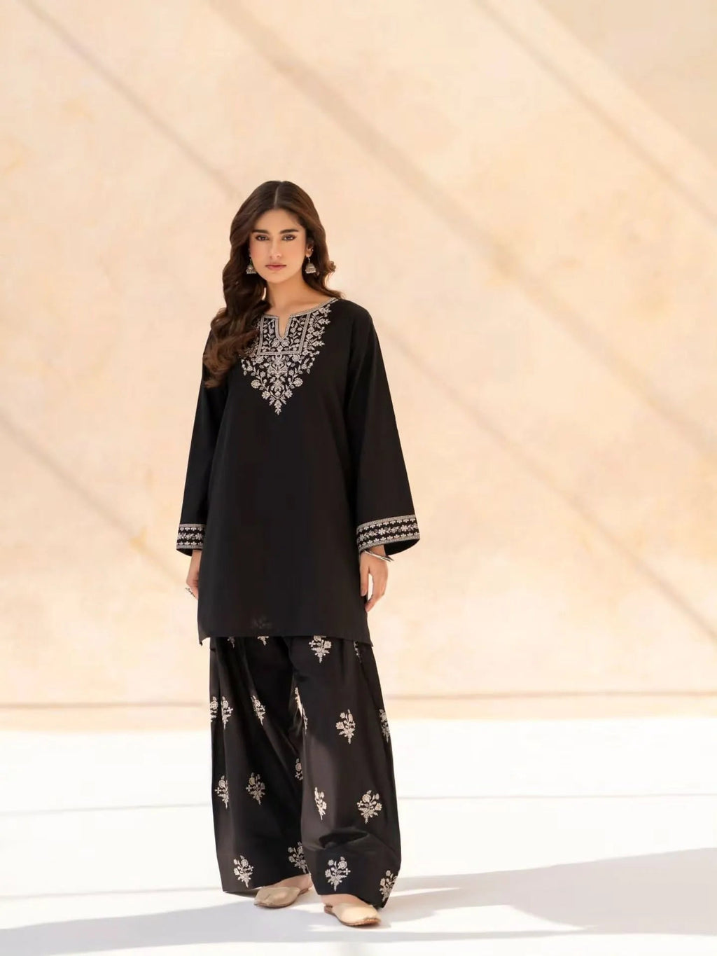 Women's Midnight Black Embroidered Kurta Palazzo Set