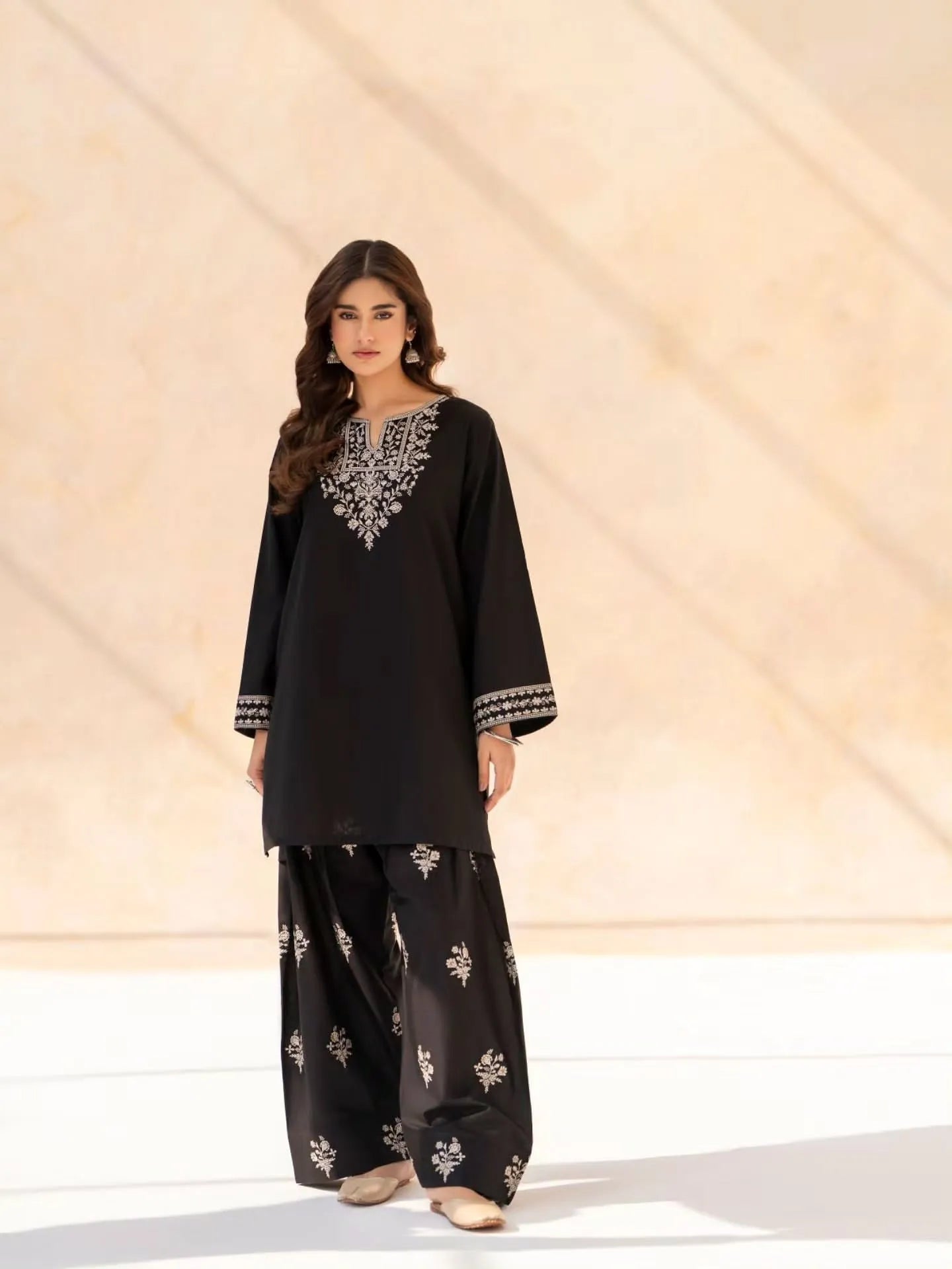 Women's Midnight Black Embroidered Kurta Palazzo Set