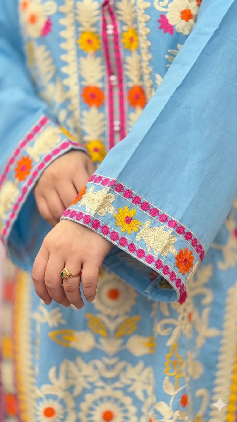 Women's Sky Blue Floral Embroidered Kurta Set with Chiffon Dupatta