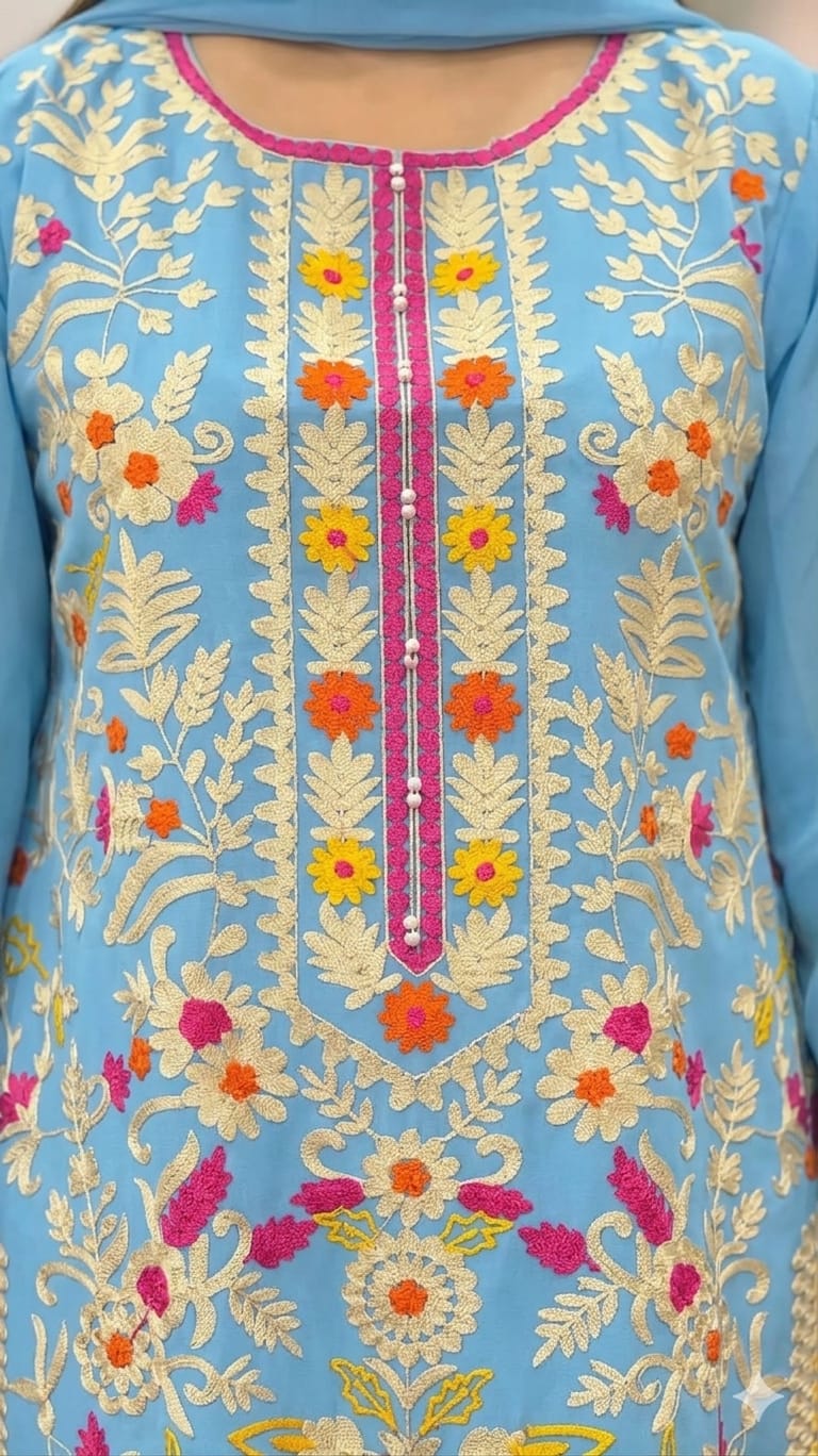 Women's Sky Blue Floral Embroidered Kurta Set with Chiffon Dupatta