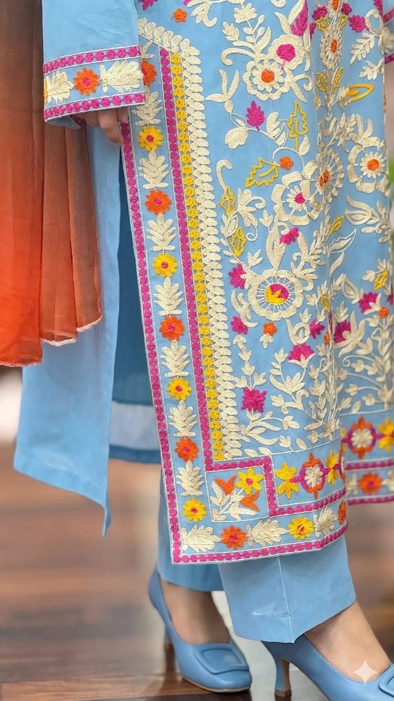 Women's Sky Blue Floral Embroidered Kurta Set with Chiffon Dupatta