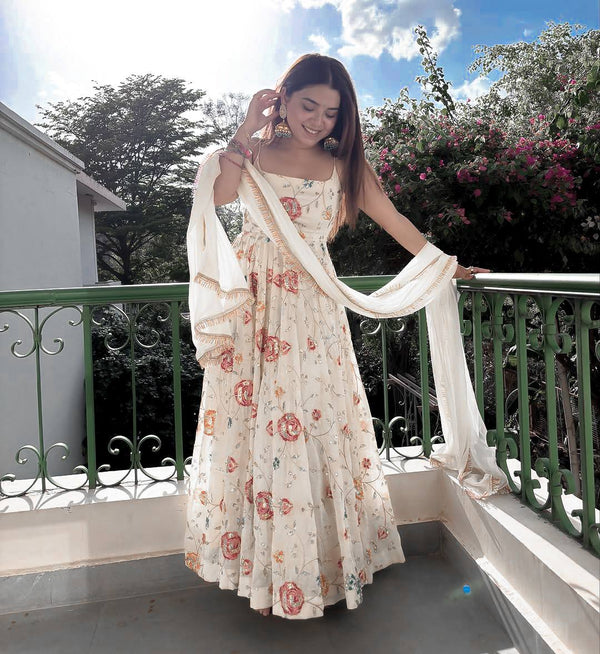 Women's Ivory Floral Printed Anarkali Dress with Matching Dupatta