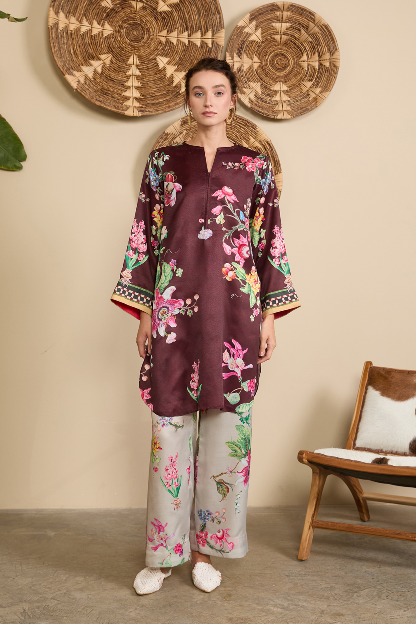 Women's Plum Floral Printed Kurta Set with Printed Dupatta