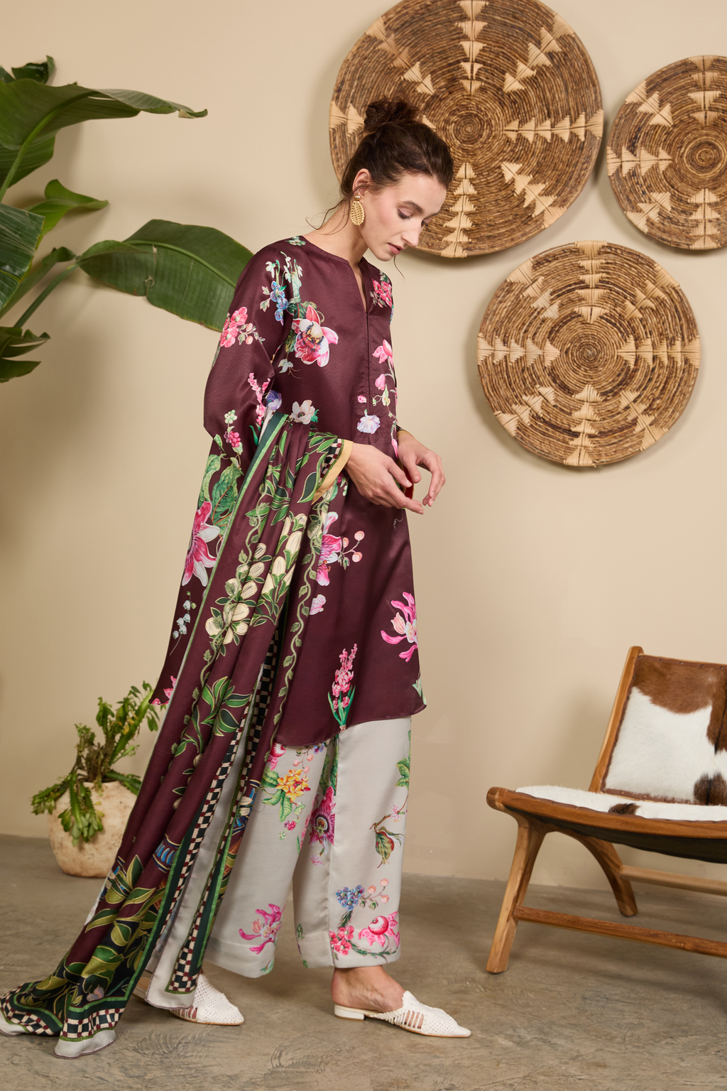 Women's Plum Floral Printed Kurta Set with Printed Dupatta
