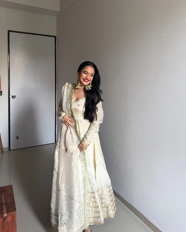 Ivory Anarkali Gown Set with Embroidered Dupatta