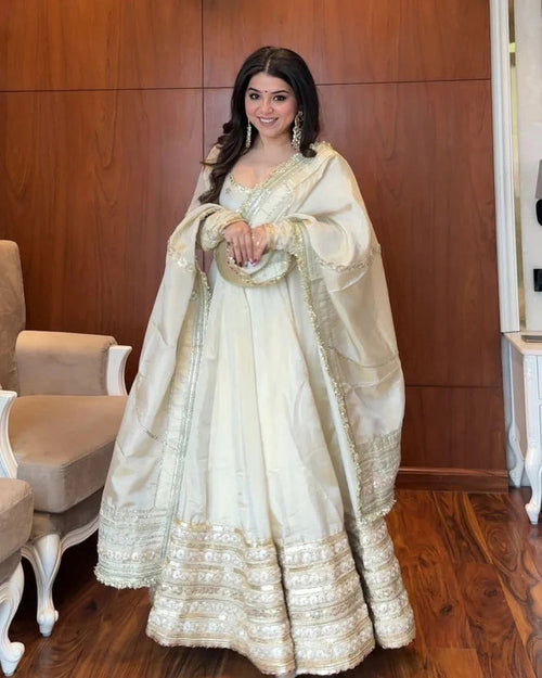Ivory Anarkali Gown Set with Embroidered Dupatta