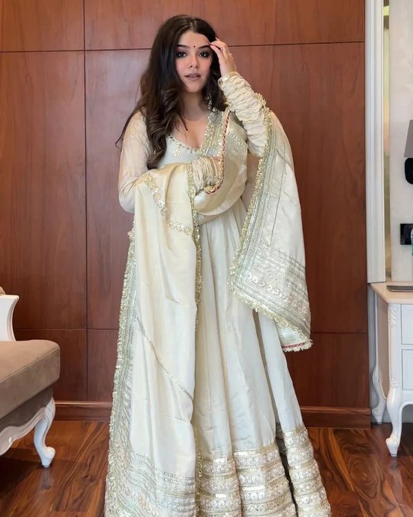Ivory Anarkali Gown Set with Embroidered Dupatta