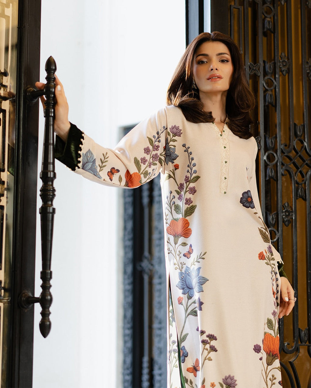 Women's Ivory Floral Printed Kurta Set with Emerald Green Palazzo