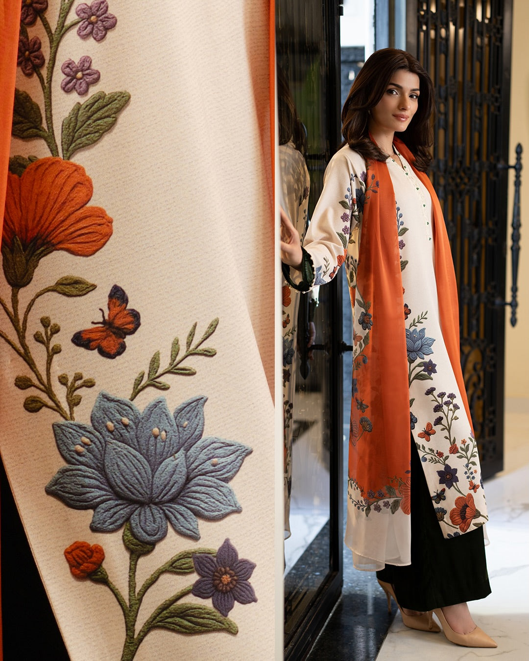 Women's Ivory Floral Printed Kurta Set with Emerald Green Palazzo