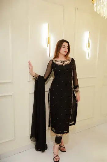 Midnight Black Embellished Suit Set with Chiffon Dupatta