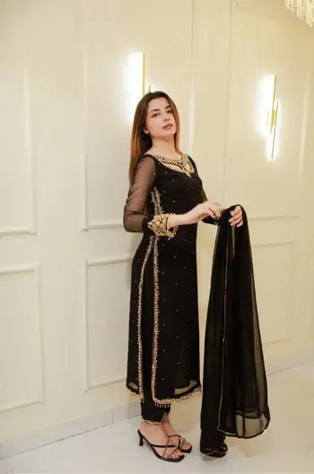Midnight Black Embellished Suit Set with Chiffon Dupatta