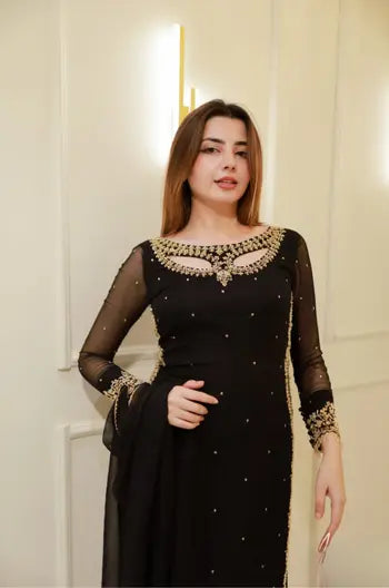 Midnight Black Embellished Suit Set with Chiffon Dupatta