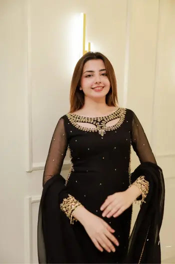 Midnight Black Embellished Suit Set with Chiffon Dupatta