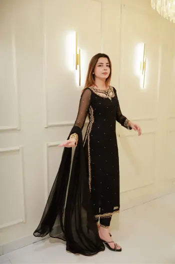 Midnight Black Embellished Suit Set with Chiffon Dupatta