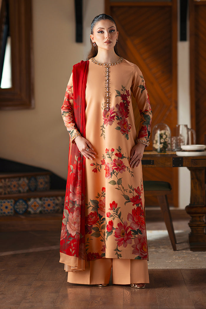 Women's Beige Floral Printed Kurta Set with Rust Red Dupatta