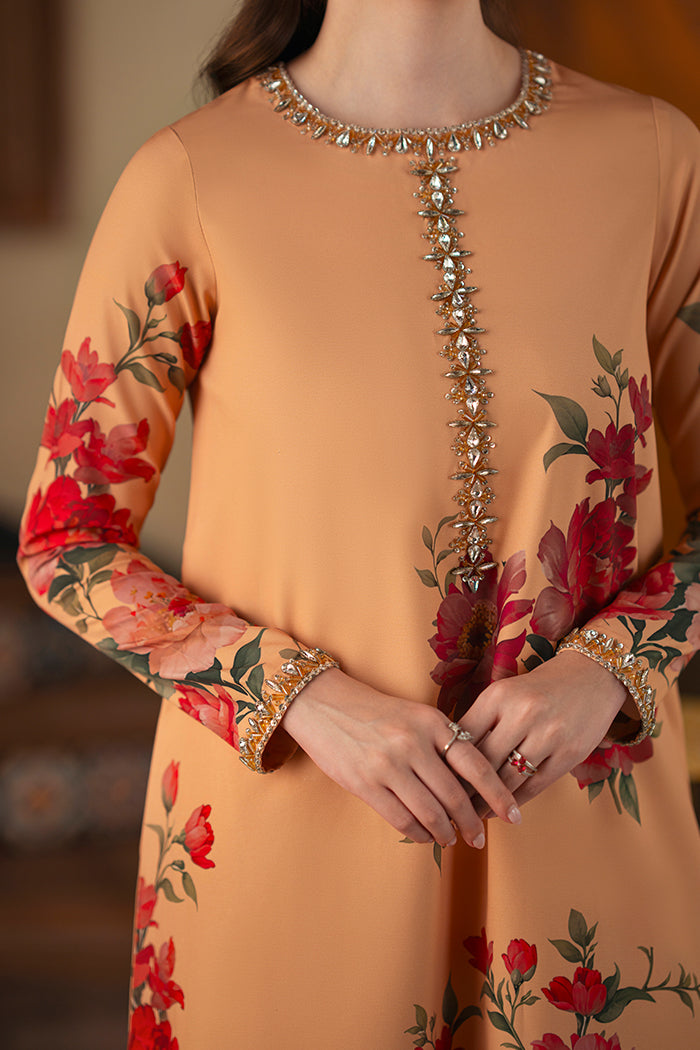 Women's Beige Floral Printed Kurta Set with Rust Red Dupatta