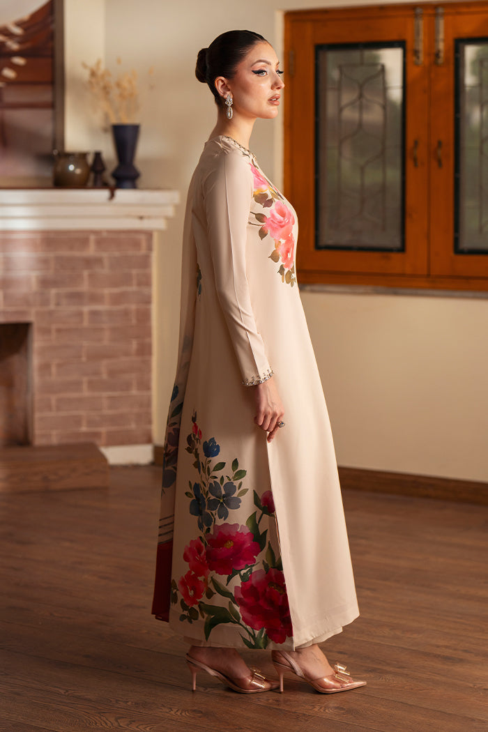 Women's Beige Floral Printed Kurta Set with Contrast Red Accent