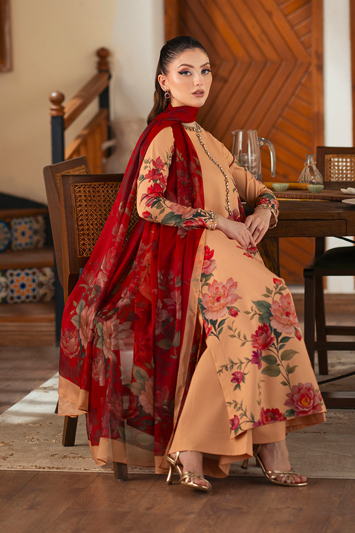 Women's Beige Floral Printed Kurta Set with Rust Red Dupatta