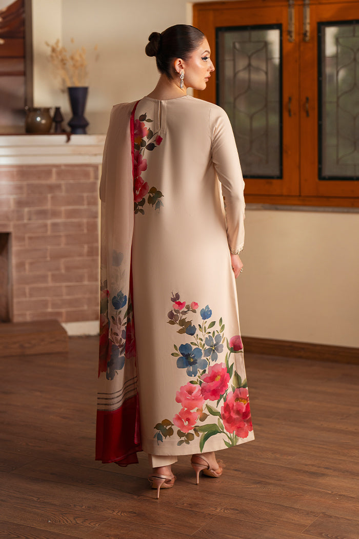 Women's Beige Floral Printed Kurta Set with Contrast Red Accent