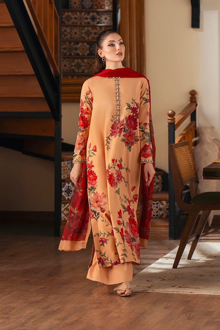 Women's Beige Floral Printed Kurta Set with Rust Red Dupatta