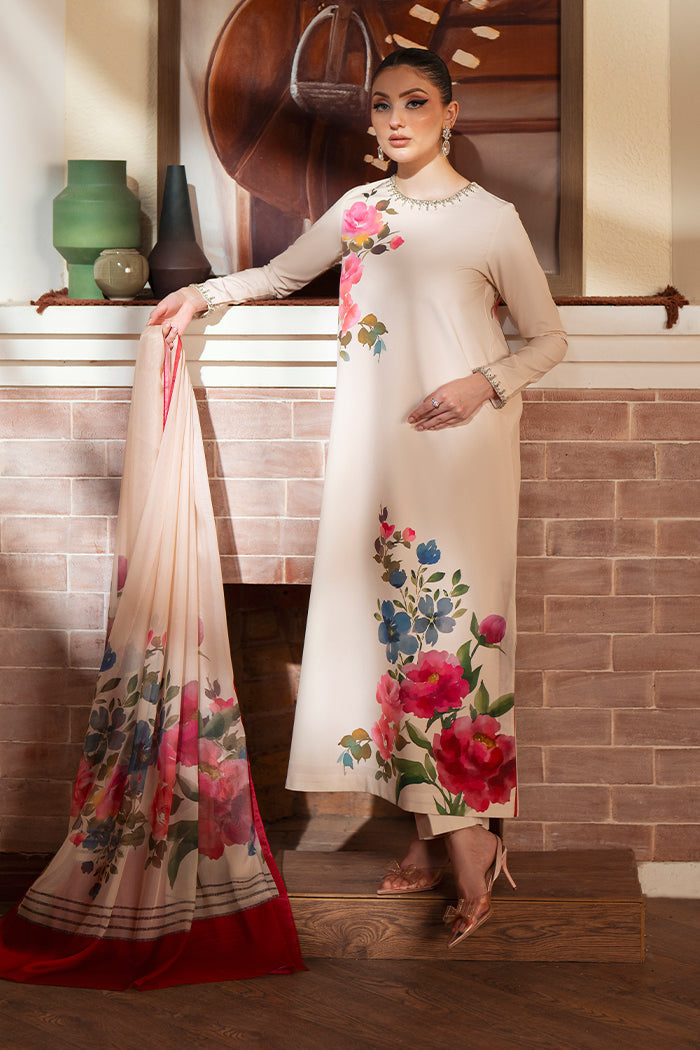 Women's Beige Floral Printed Kurta Set with Contrast Red Accent