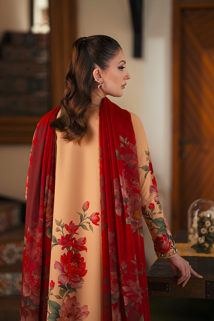 Women's Beige Floral Printed Kurta Set with Rust Red Dupatta