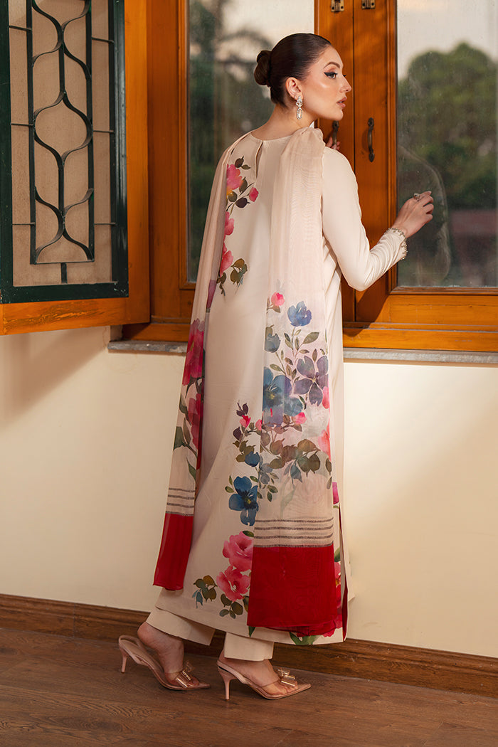 Women's Beige Floral Printed Kurta Set with Contrast Red Accent