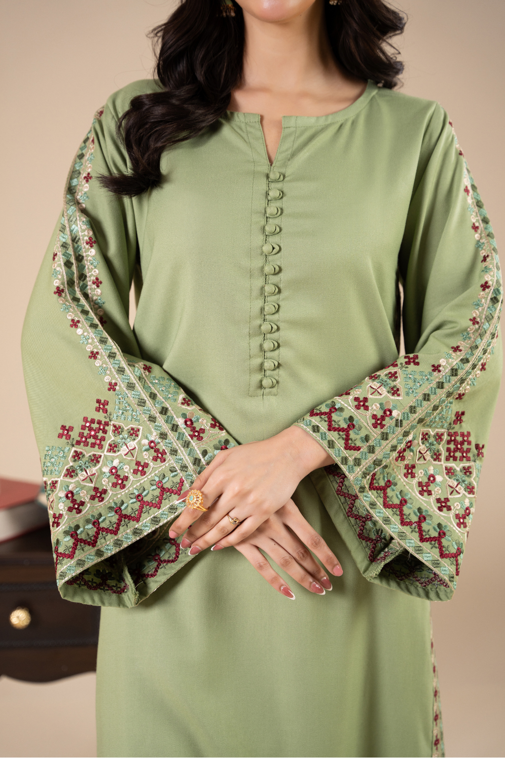 Women's Sage Green Embroidered Kurta Set with Ivory Printed Dupatta