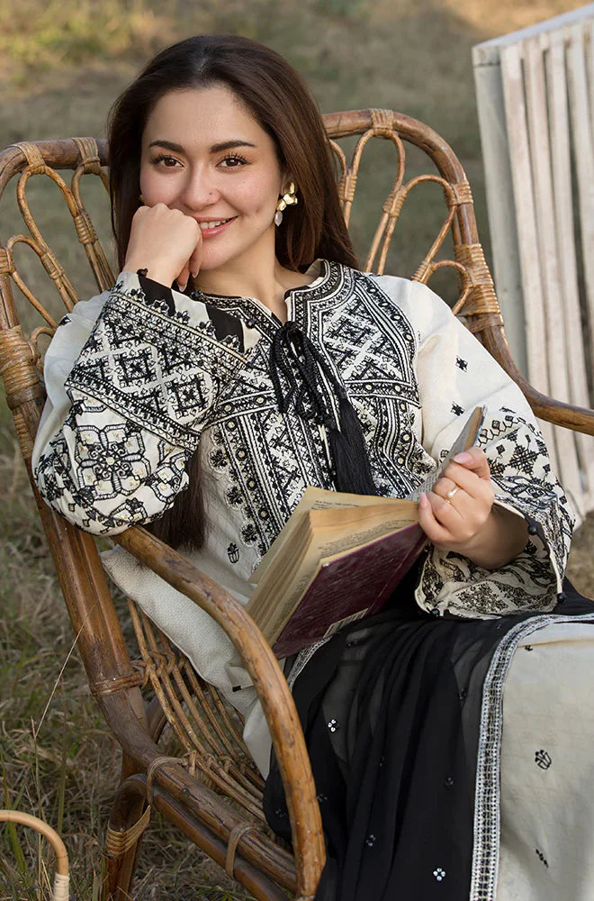 Women's Ivory & Black Embroidered Straight Kurta Set with Dupatta