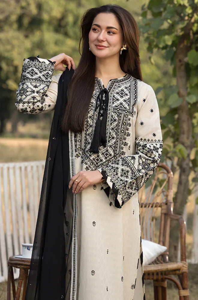 Women's Ivory & Black Embroidered Straight Kurta Set with Dupatta