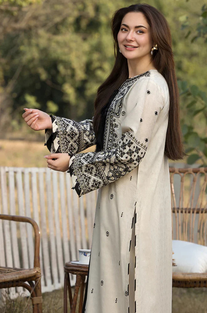 Women's Ivory & Black Embroidered Straight Kurta Set with Dupatta