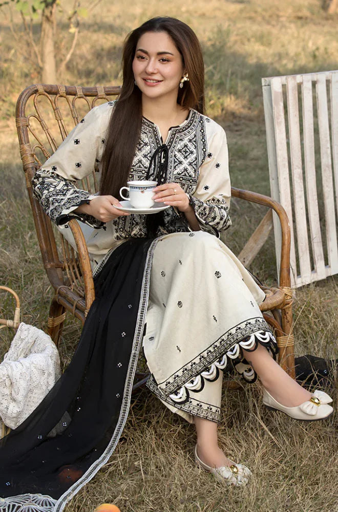 Women's Ivory & Black Embroidered Straight Kurta Set with Dupatta