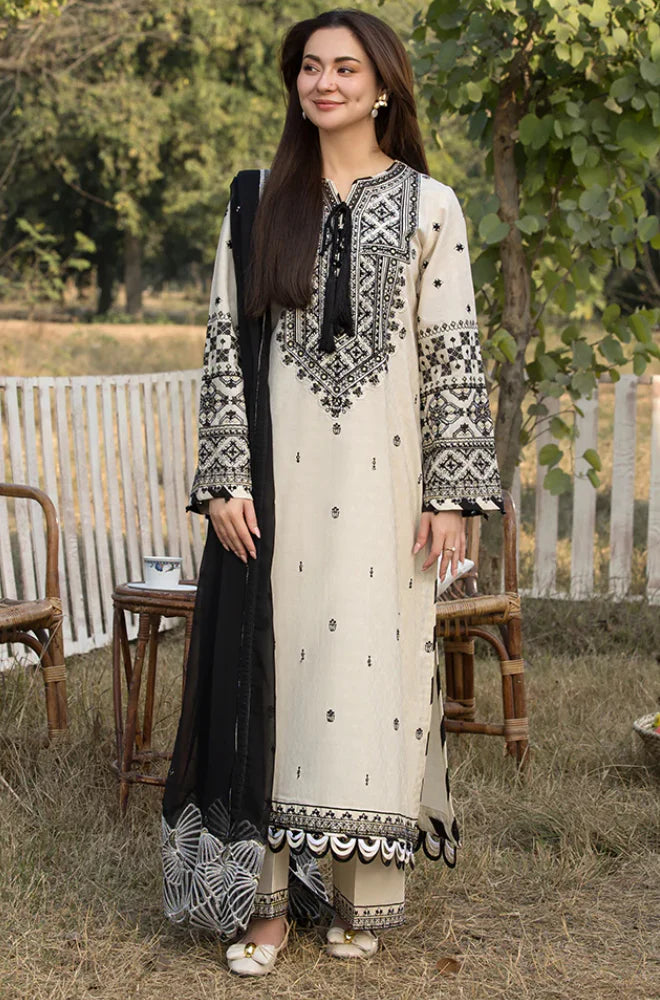 Women's Ivory & Black Embroidered Straight Kurta Set with Dupatta