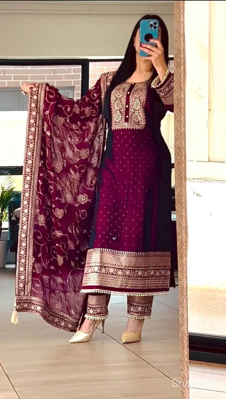 Maroon Embroidered Suit Set with Organza Dupatta