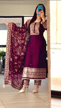 Maroon Embroidered Suit Set with Organza Dupatta