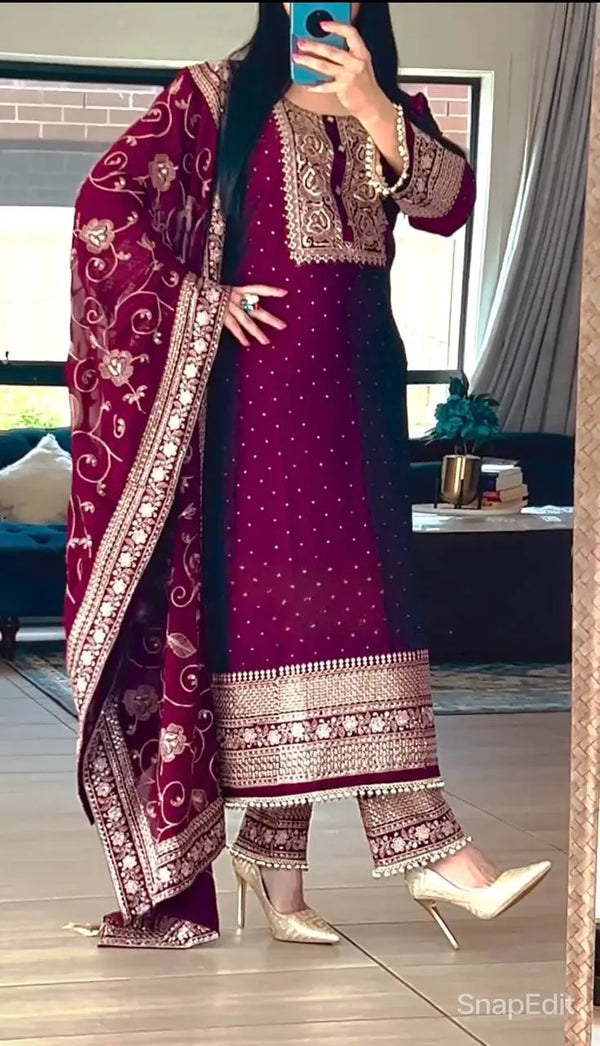 Maroon Embroidered Suit Set with Organza Dupatta