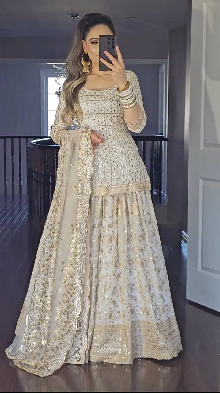 Ivory Mirror Work Sharara Set with Embroidered Dupatta