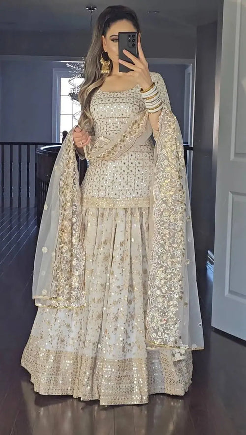 Ivory Mirror Work Sharara Set with Embroidered Dupatta